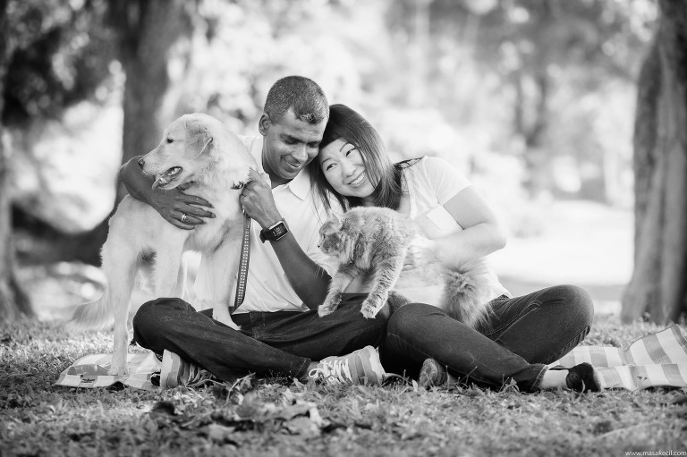 Black and white outdoor family and pet photography.